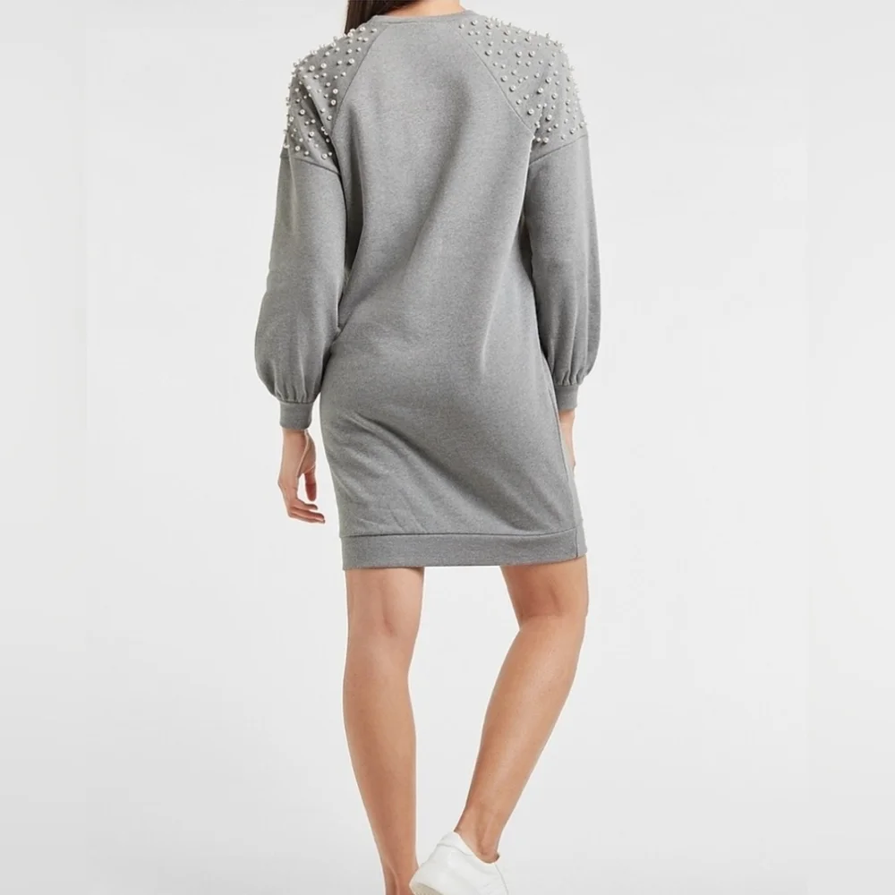 Express Pearl Embellished Gray Sweatshirt Dress Size Meduim - Picture 7 of 10